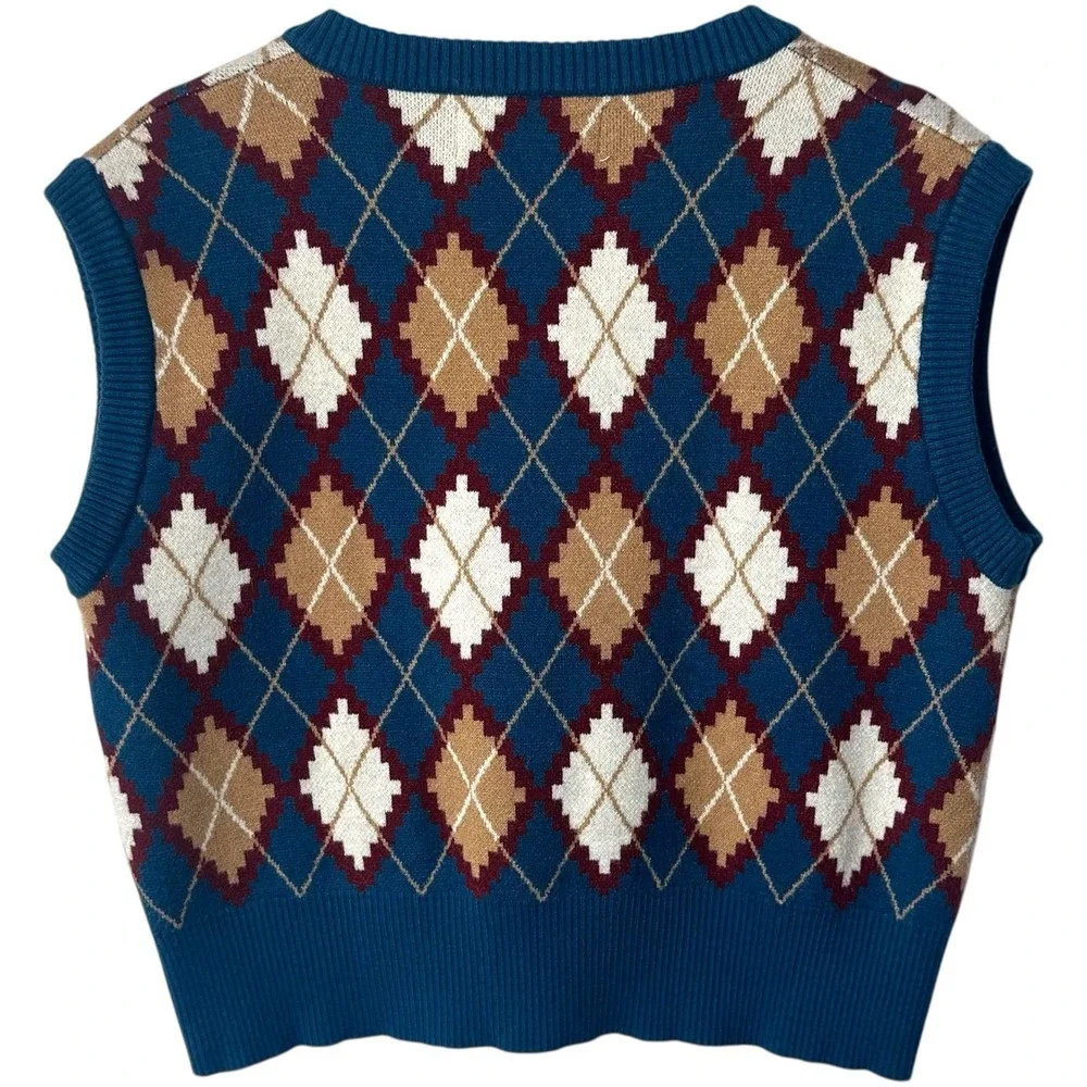 NWOT Cider Sweater Vest Blue Argyle Print Academia Preppy Old Money‎ S/M